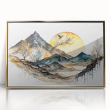Framed abstract landscape wall art featuring gold accents, showcasing a vibrant blend of colors and textures, perfect for modern home decor. The piece exudes elegance and creativity, enhancing any room's aesthetic.