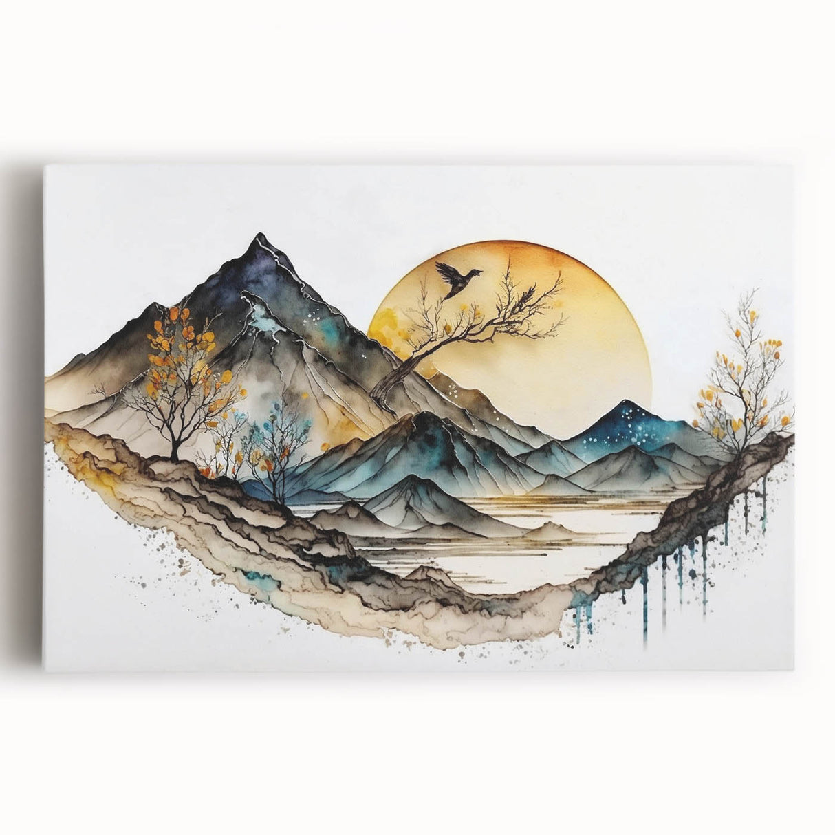 Abstract landscape wall art in vibrant colors displayed on stretched canvas, showcasing layered hills and a serene sky, ideal for modern home decor.