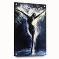Abstract figurative acrylic artwork displayed in a glass frame, showcasing vibrant colors and intricate details, with decorative pins for mounting, ideal for modern decor.