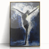 Framed acrylic artwork showcasing an abstract figurative design with gold accents, displayed from the front. Ideal for modern home decor and artistic enhancement.