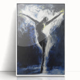 Framed abstract figurative art piece in white acrylic, showcasing vibrant colors and dynamic shapes, perfect for modern home decor and artistic expression.