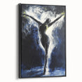 Framed canvas depicting an abstract figurative design in bold colors, showcasing a modern artistic style with a sleek black frame, ideal for contemporary home decor.