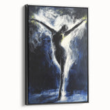Framed canvas depicting an abstract figurative design in bold colors, showcasing a modern artistic style with a sleek black frame, ideal for contemporary home decor.