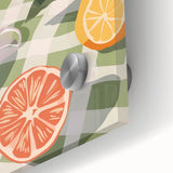 Close-up of large abstract wall art featuring assorted fruits in vibrant colors on acrylic glass.