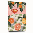 Large abstract wall art featuring assorted fruits in vibrant colors on acrylic glass, ideal for dining room decor.