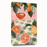 Large abstract wall art of assorted fruits in vibrant colors on acrylic glass, ideal for bedroom or dining room decor.