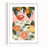 Abstract art print of assorted fruits in vibrant colors on a white framed canvas, ideal for dining room decor.