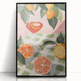 Large abstract wall art depicting various fruits in vibrant colors on a black acrylic framed print.