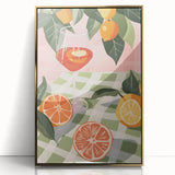 Large art print of assorted fruits in bold colors on acrylic, framed in gold, in a mid-century modernist style.