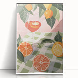 Acrylic print of assorted fruits in art deco style with a white frame, ideal for modern kitchen decor.