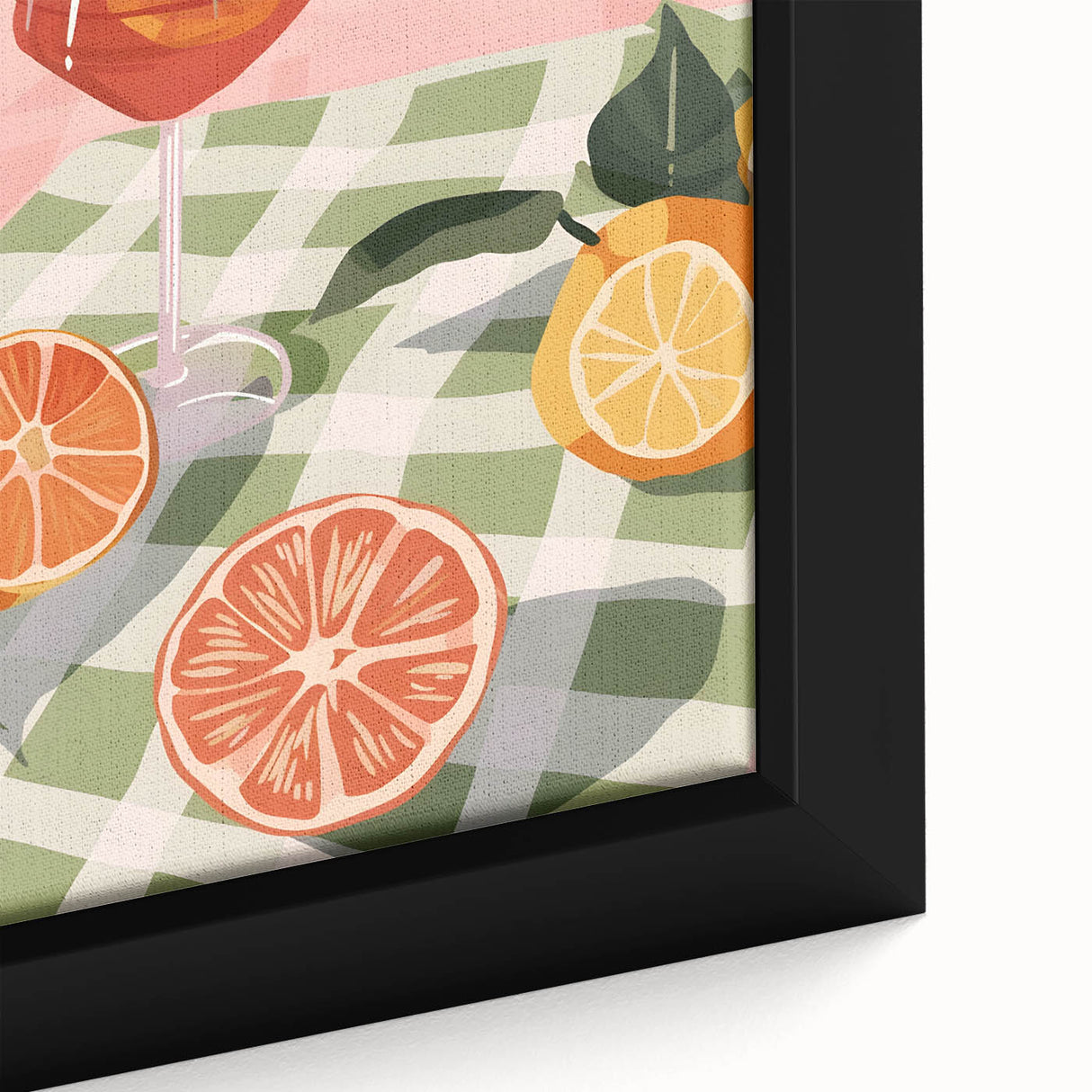 Close-up of extra large black wall art featuring colorful textured fruits on a framed canvas, ideal for living room decor.