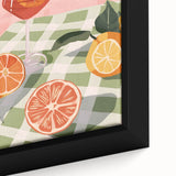 Close-up of extra large black wall art featuring colorful textured fruits on a framed canvas, ideal for living room decor.