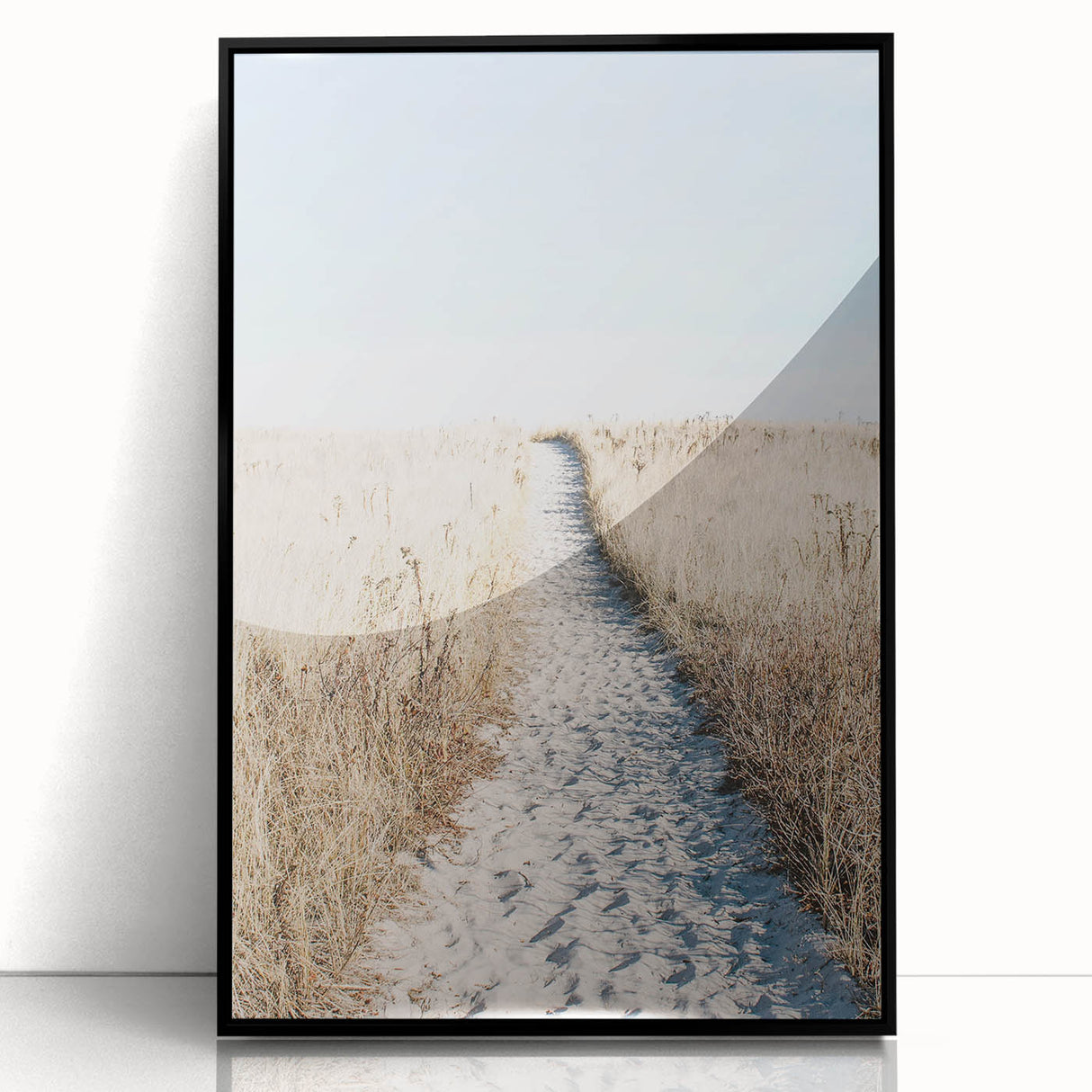 Large abstract wall art featuring a summer theme with vibrant blue and yellow tones on a black acrylic frame.