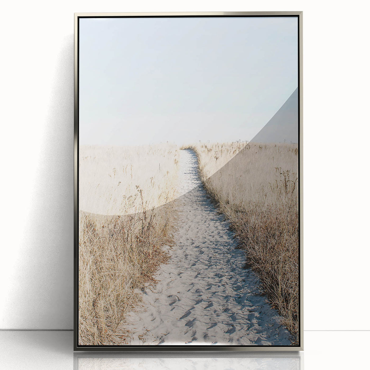 Mid-century modernist art depicting vibrant summer season, acrylic print in silver frame, suitable for nursery wall art.