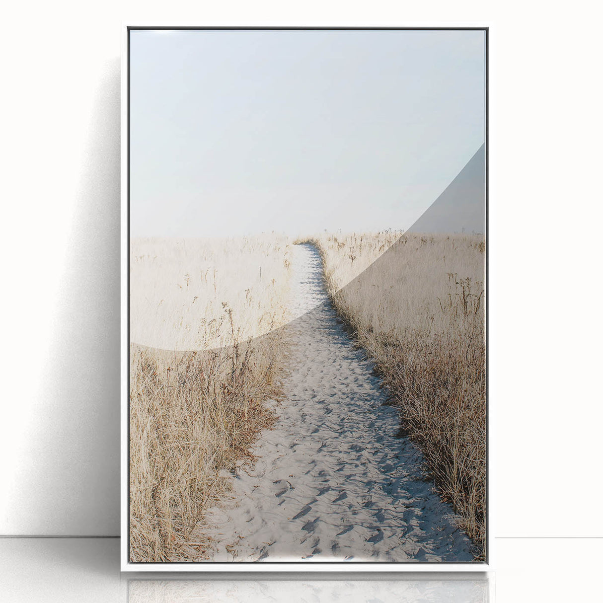 Art deco poster featuring a summer landscape with vibrant green tones on a white framed acrylic.