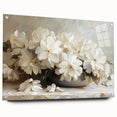 Abstract floral wall art displayed in an acrylic glass frame, showcasing vibrant colors and intricate designs, with decorative pins highlighting its elegant presentation.