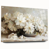 Abstract floral wall art displayed in an acrylic glass frame, showcasing vibrant colors and intricate designs, with decorative pins highlighting its elegant presentation.