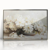 Framed abstract floral wall art featuring vibrant colors and intricate designs, set in a sleek silver frame, perfect for modern home decor.