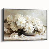 Framed canvas wall art showcasing an abstract floral design in vibrant colors, presented in a sleek black frame, ideal for modern home decor.