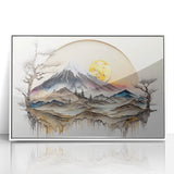 Framed abstract landscape wall art featuring vibrant colors and dynamic shapes, set in a sleek white frame, perfect for modern home decor.