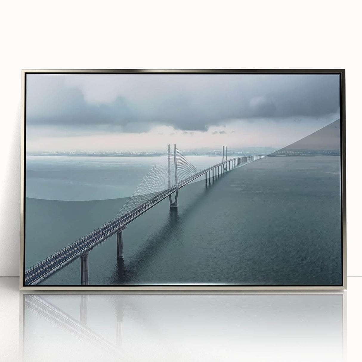Framed acrylic artwork depicting a scenic landscape bridge in silver tones, showcasing intricate details and a modern design, perfect for home decor.