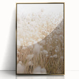 Large art print featuring a mid-century modernist summer scene with bright colors on a framed acrylic.