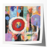 Abstract geometric art print mockup displayed in a glossy finish, featuring vibrant colors and sharp angles, perfect for modern home decor or art presentation.