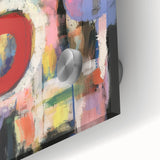 Close-up view of an abstract geometric design in vibrant colors on acrylic glass, showcasing intricate patterns and textures, ideal for modern home decor.