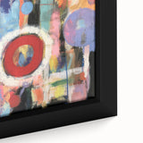 Close-up of an abstract geometric framed canvas artwork showcasing vibrant colors and intricate patterns, ideal for modern home decor and artistic expression.