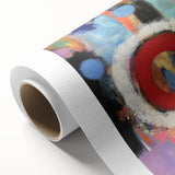 Abstract geometric rolled canvas artwork showcasing vibrant colors and intricate shapes, perfect for modern home decor. Packaged securely in a cardboard tube for easy transport.