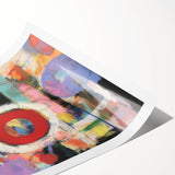 Abstract geometric rolled print showcasing vibrant colors and intricate shapes, packaged securely in a cardboard tube, ideal for modern home decor.