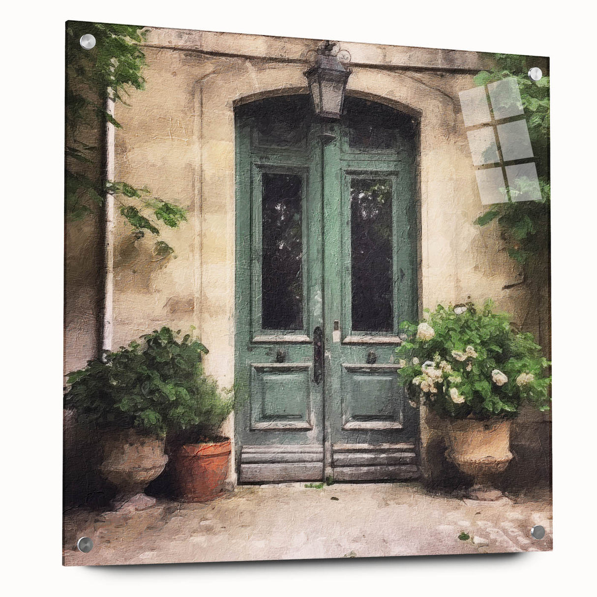 Acrylic print of a large abstract design featuring a French door in neutral tones, suited for bedroom or dining room decor.