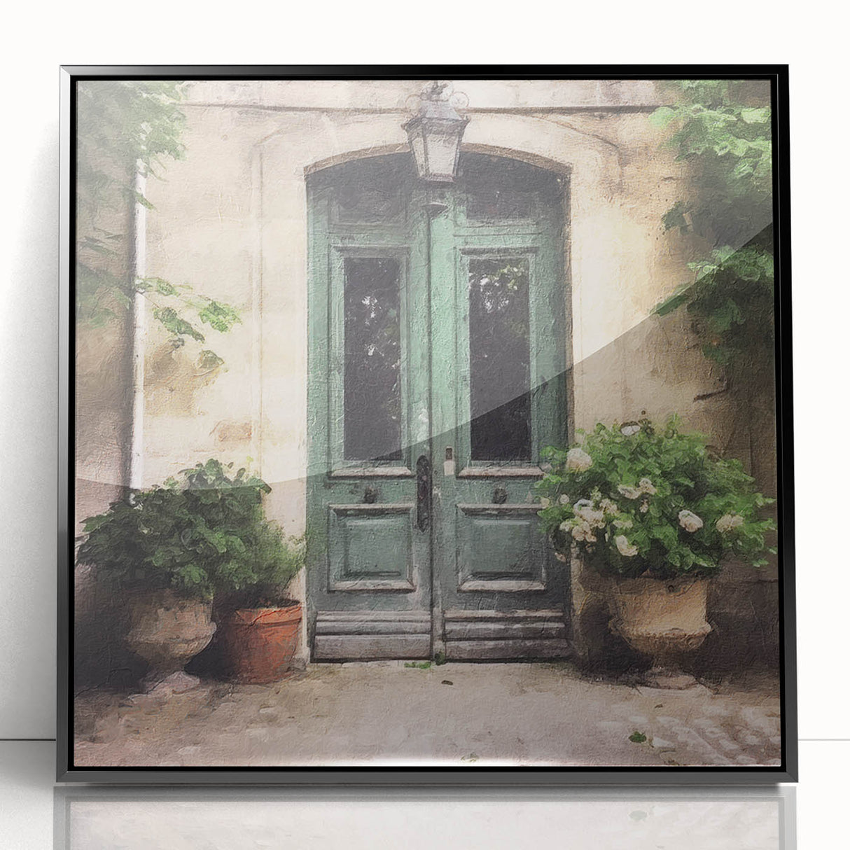 Large abstract wall art featuring a mid-century modernist door design in black and white tones, framed acrylic.