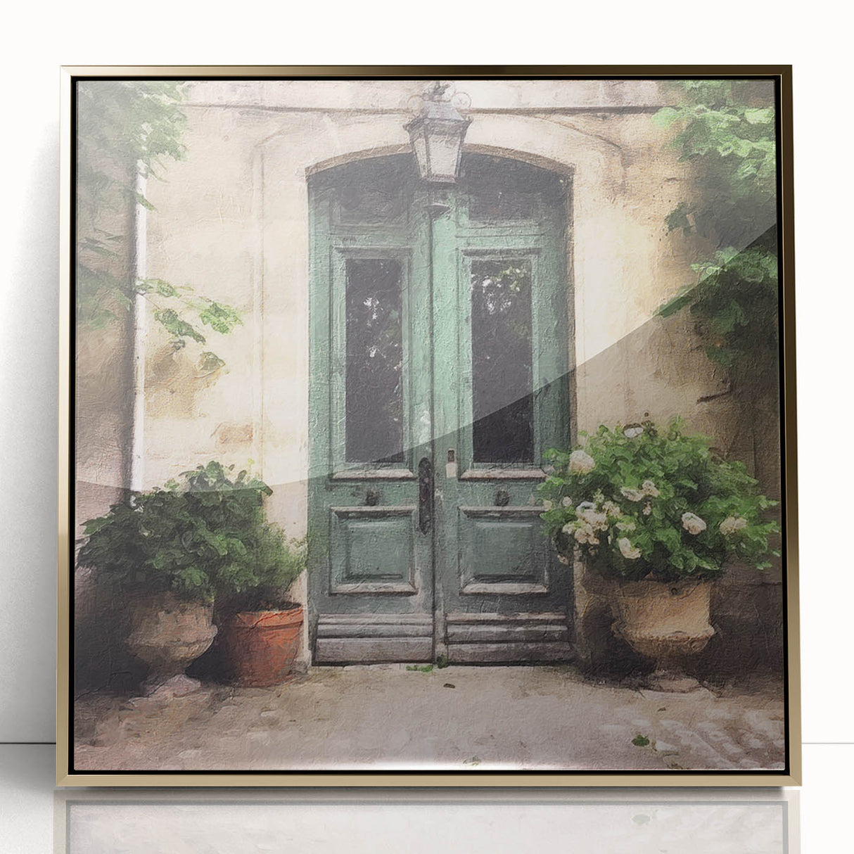 Mid-century modernist framed acrylic print of a French door in gold tones, suitable for modern art wall decor.