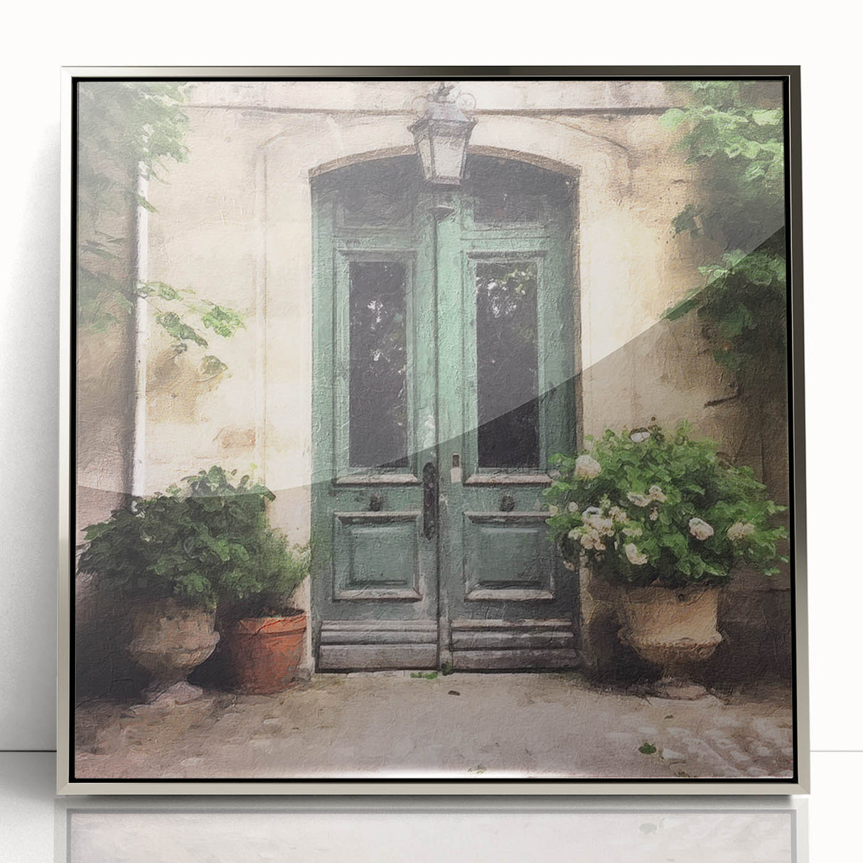 Mid-century modernist art depicting a French door, in muted gray tones on a framed acrylic, ideal for modern art wall decor.