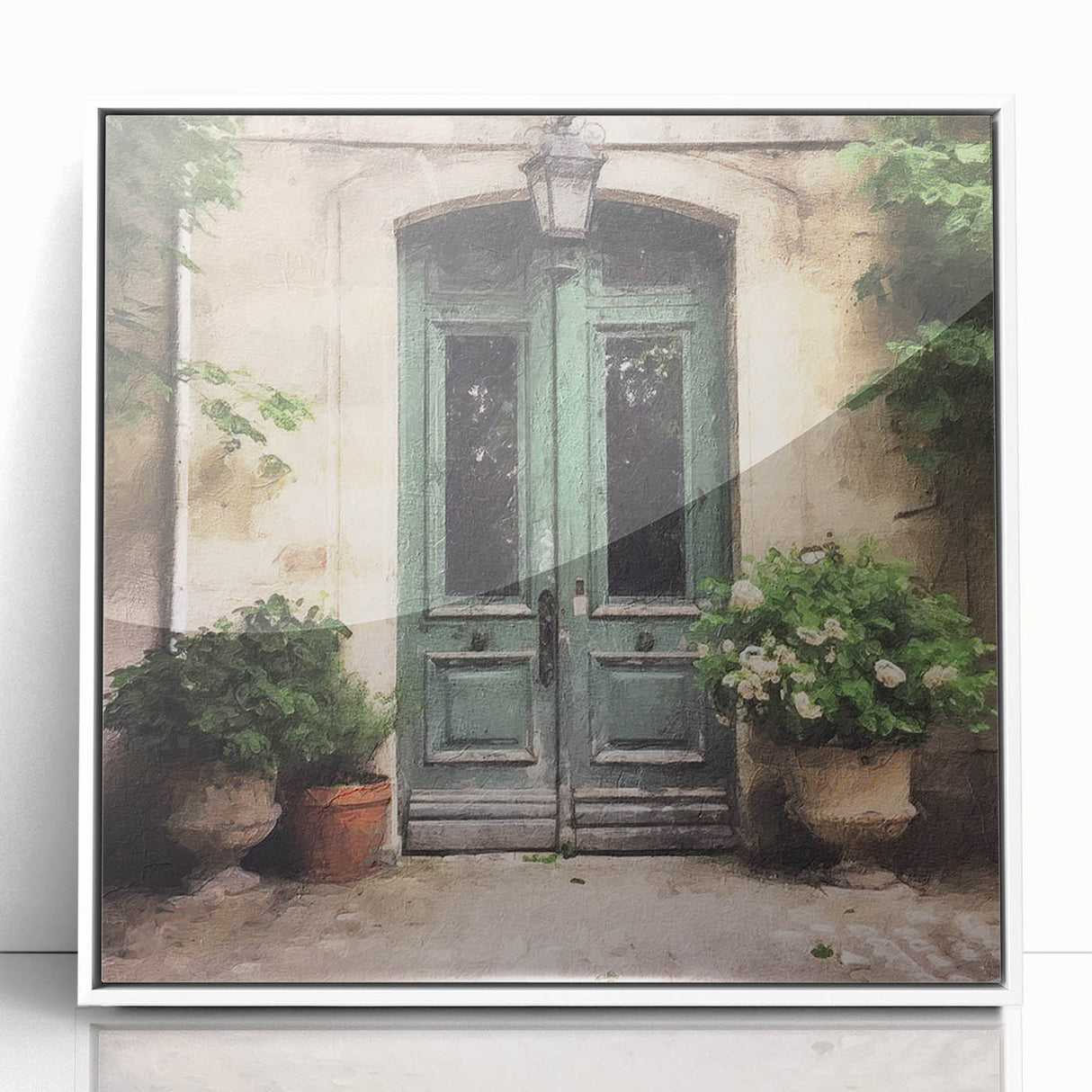 Art Deco style poster of a French door architecture, framed in white acrylic, ideal for modern nursery wall decor.