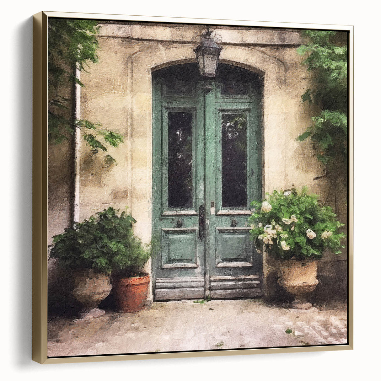 Framed canvas featuring a vintage poster art of a French door in muted silver and gold tones, suitable for bedroom wall art.