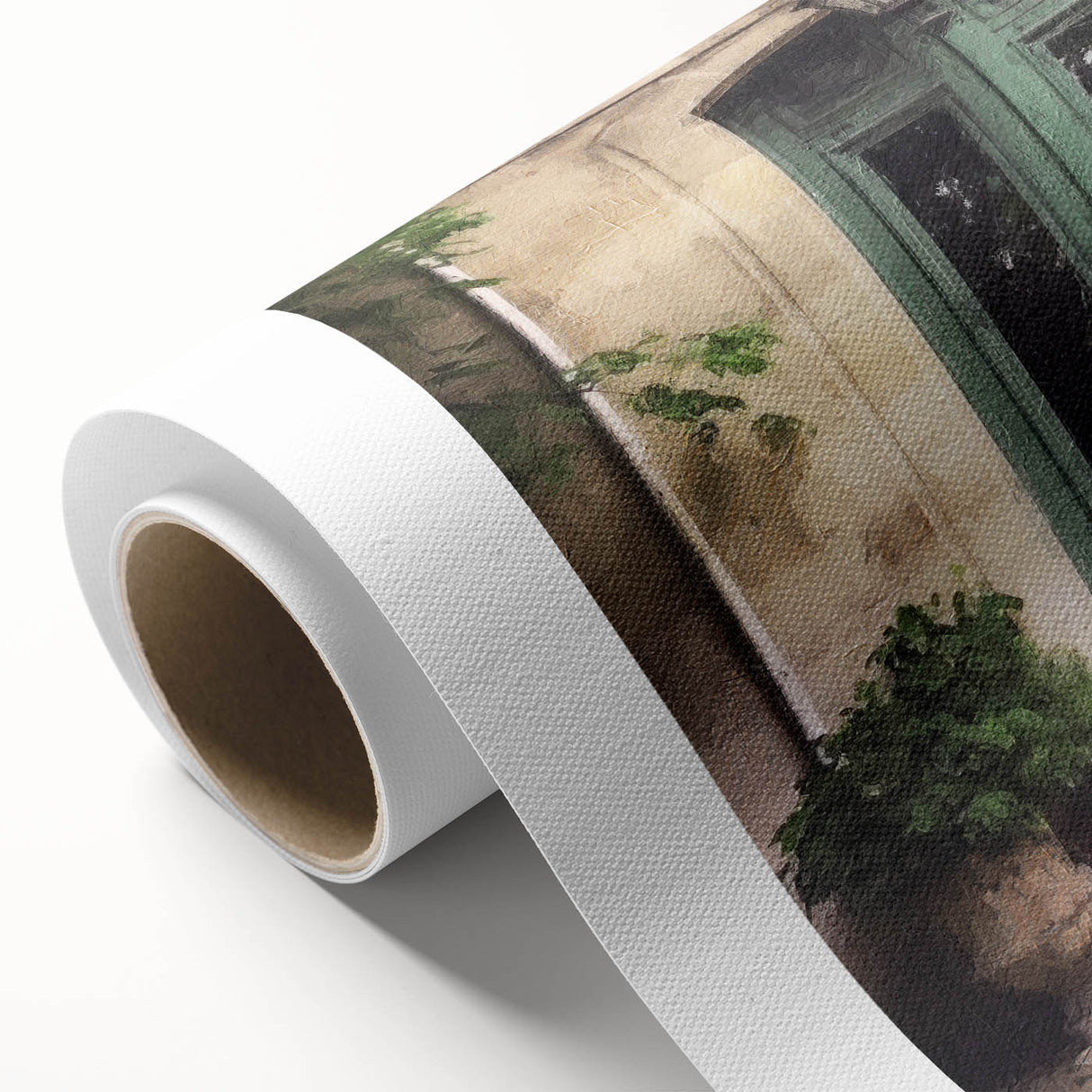 Art Deco style poster of a French door architecture on rolled canvas, in muted earth tones.
