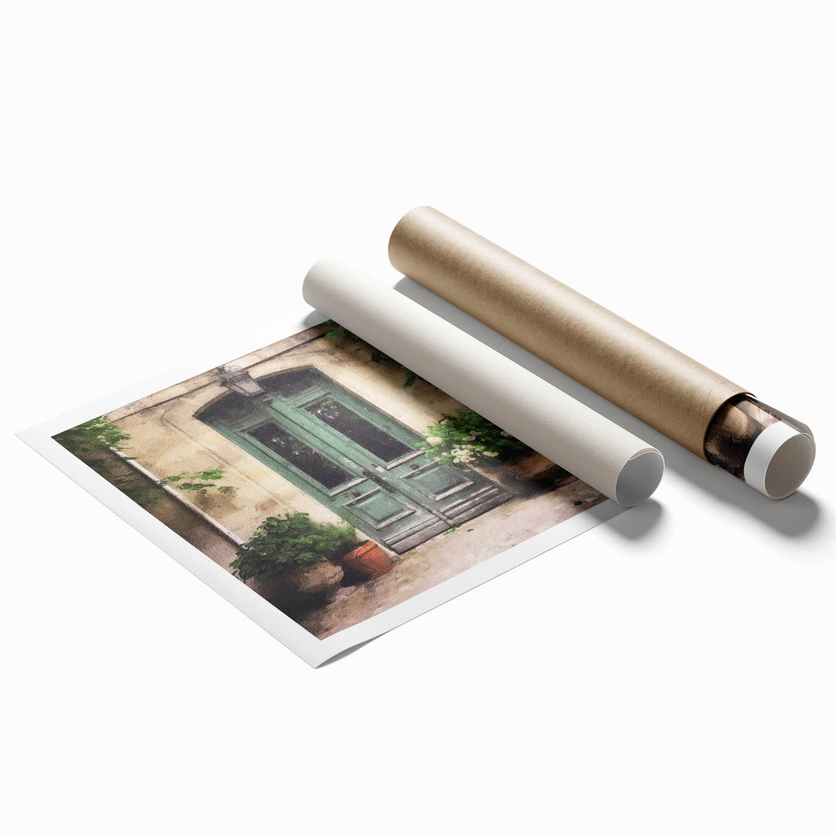 Extra large rolled print of a French door architecture with floral accents in muted earth tones.