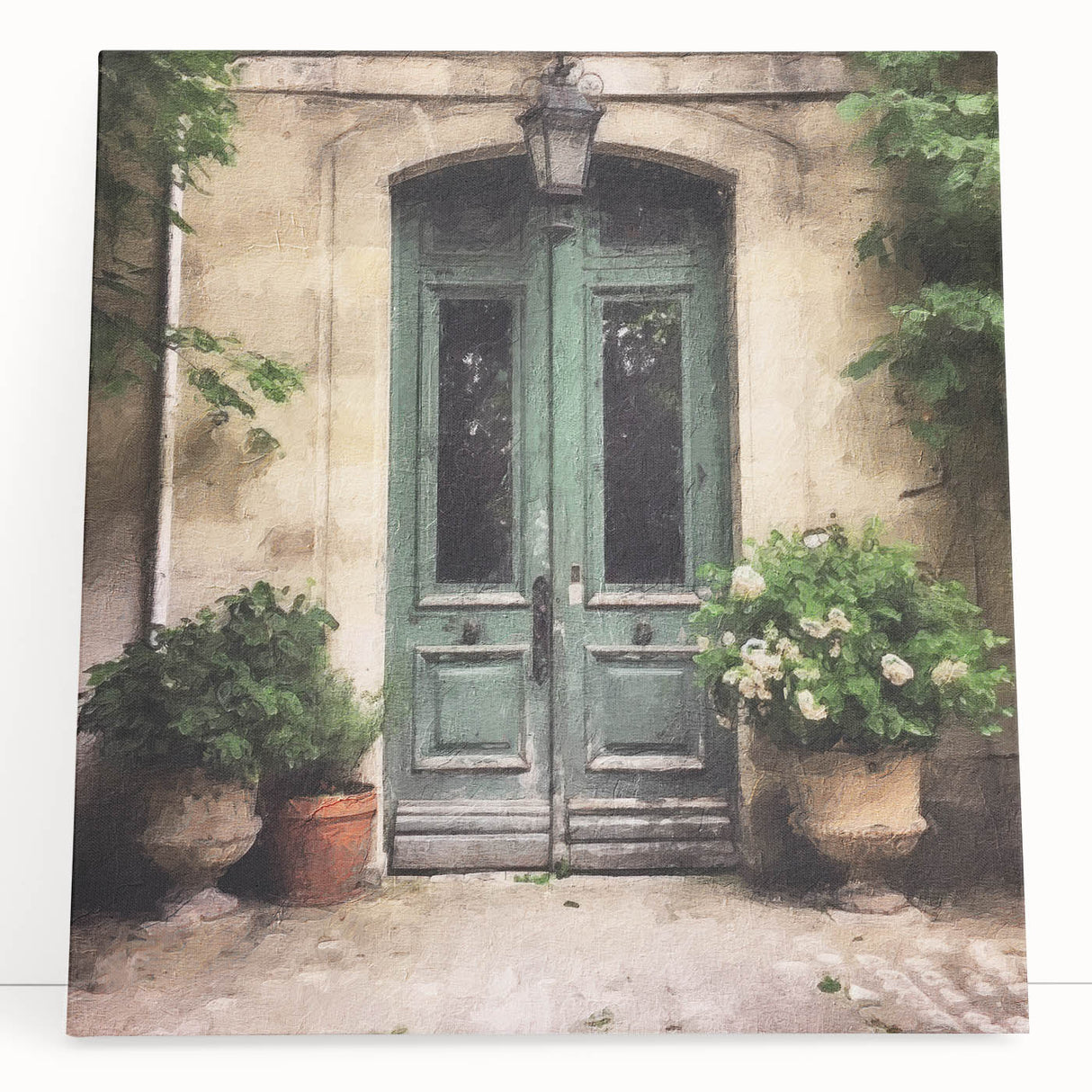 Black and white photograph of a French door architecture on stretched canvas, ideal for kitchen wall art or bedroom.
