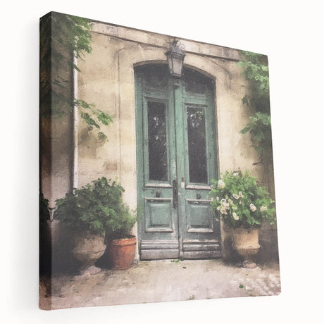 Side view of a large canvas print featuring a detailed French door architecture in neutral tones.