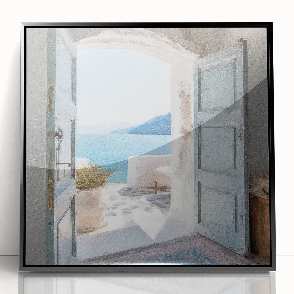 Large abstract wall art featuring a Greek door design in black and white, framed acrylic, ideal for modern art wall decor.