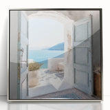 Mid-century modernist art featuring a Greek door design in silver framed acrylic, ideal for nursery wall decor.