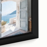 Close-up of a black framed canvas depicting a Greek door design in vibrant, textured colors, ideal for living room decor.
