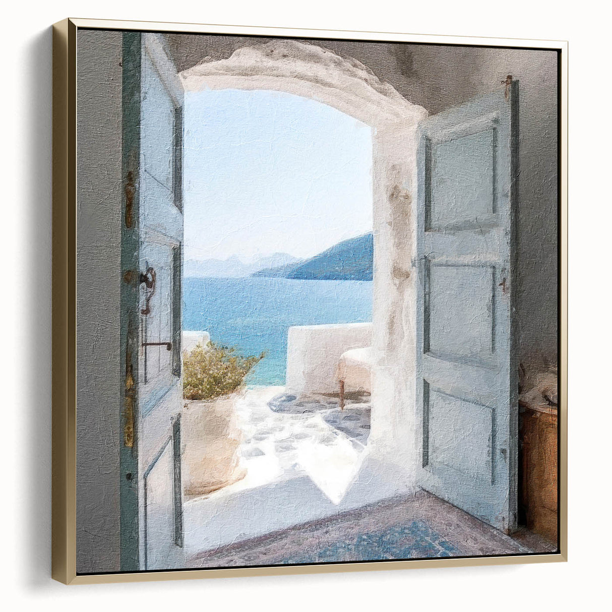 Framed canvas wall art featuring a vintage poster of a Greek door in silver and gold tones, ideal for bedroom decor.
