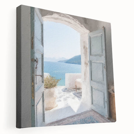Side view of a large stretched canvas featuring a Greek door architecture design in earth tones, ideal for kitchen wall art.