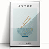 Large abstract wall art featuring assorted food dishes in muted colors, framed in black acrylic.