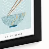 Close-up of a framed canvas featuring black wall art with colorful, textured depictions of various food dishes.
