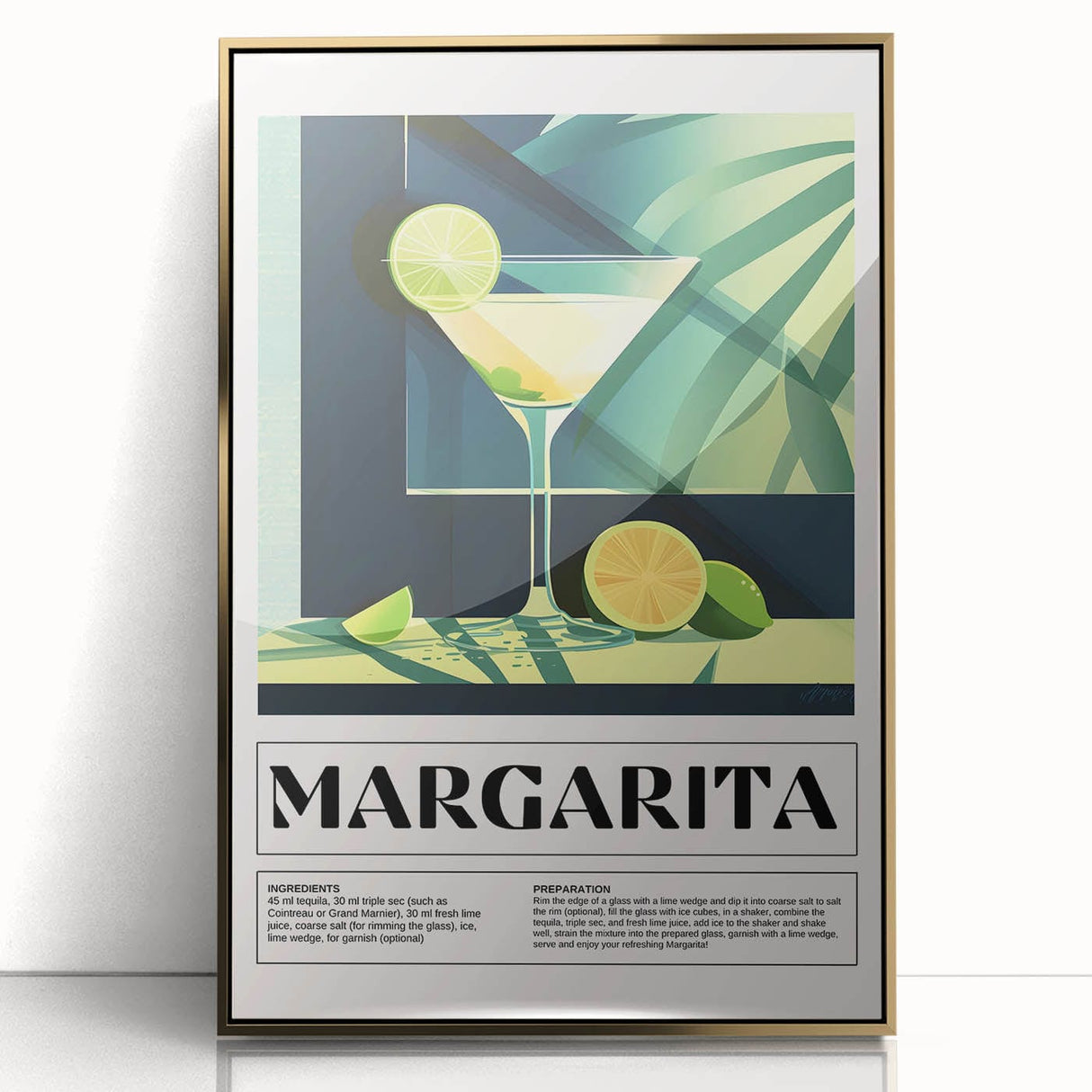 Large art print of mid-century modernist food and drinks on acrylic, framed in gold, ideal for modern kitchen decor.