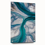 Acrylic glass artwork showcasing a stunning desert landscape with dunes, displayed from a side view and secured with decorative pins, perfect for modern decor.
